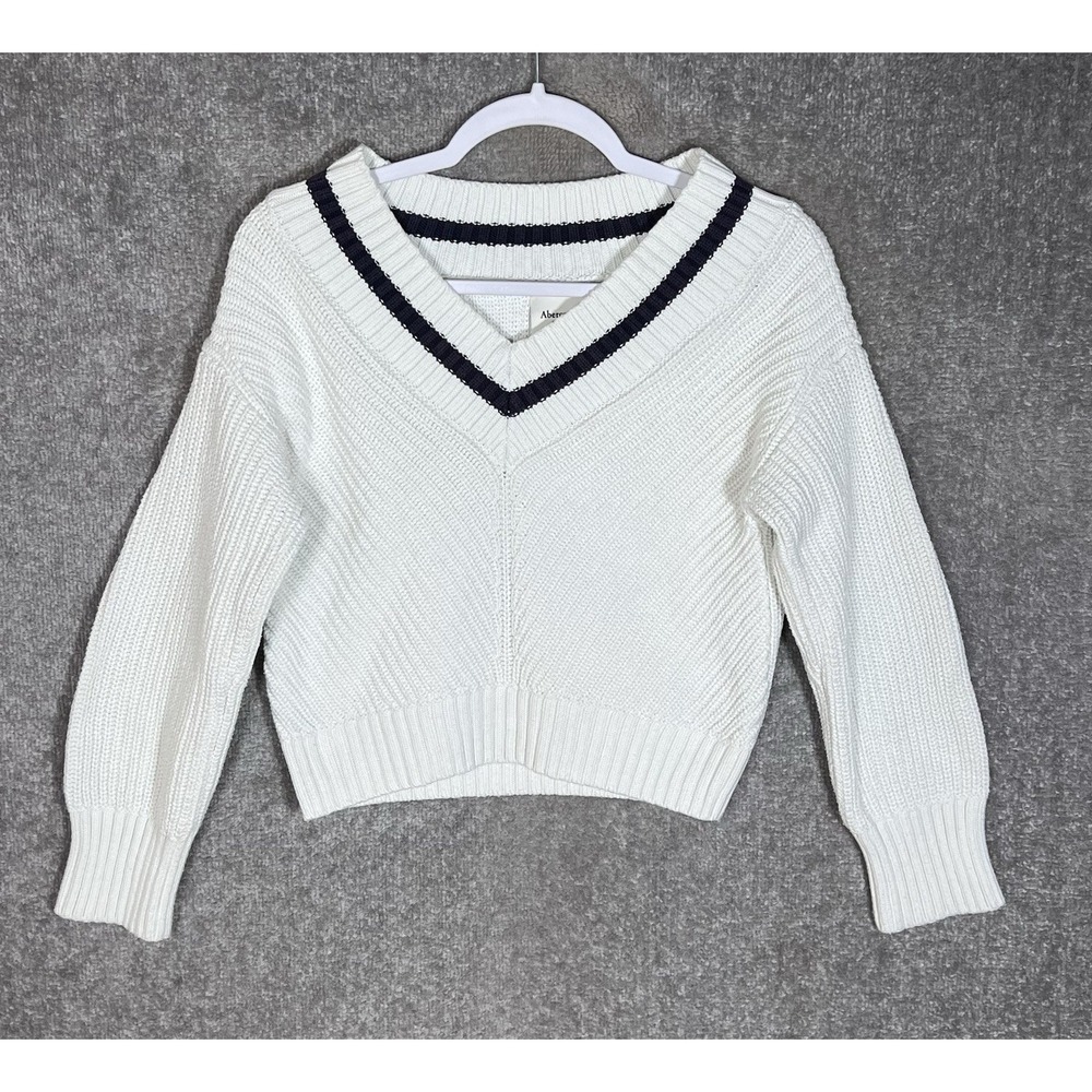Abercrombie Fitch Ribbed Knit Crop Sweater Womens Sz XS White Blue Vneck Preppy